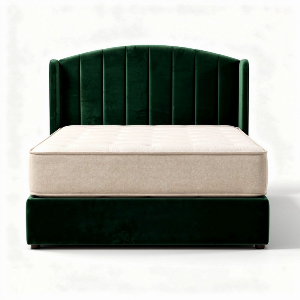 Velvet upholstered bed frame with padded headboard in green 200 x 160 x 40cm