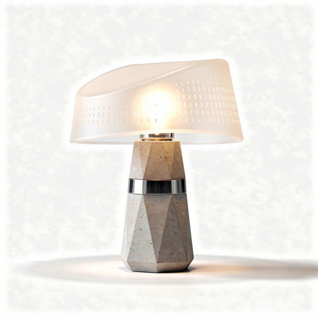 Concrete table lamp with a white plastic shade and geometric design 25 x 25 x 45cm