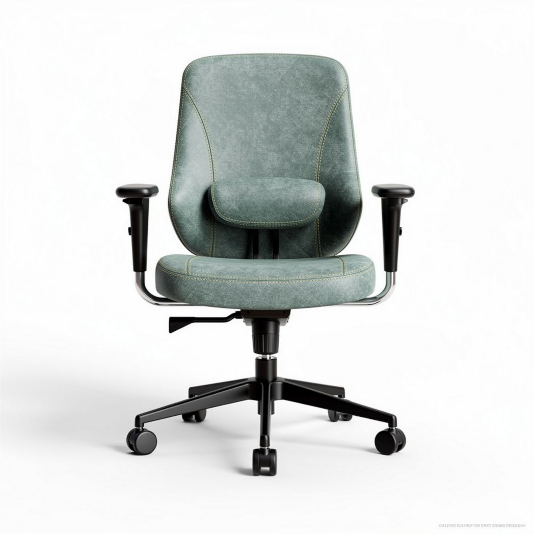 Swivel office chair with adjustable armrests and green faux leather upholstery