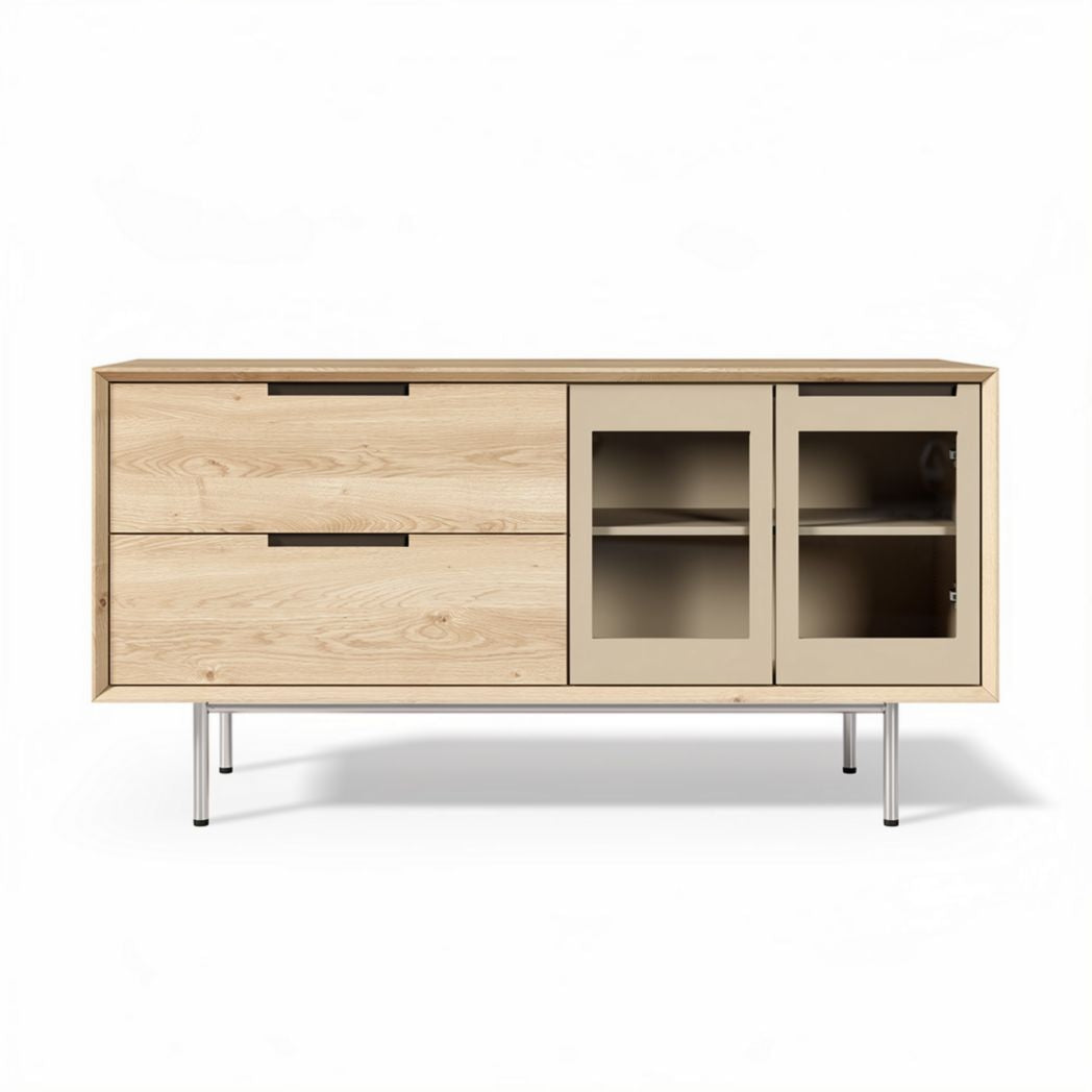 Wooden storage cabinet with glass doors and drawers 160 x 40 x 70cm beige