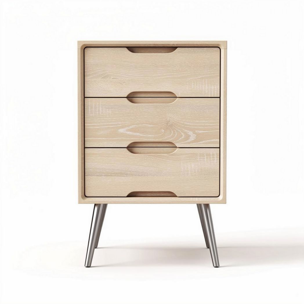 Three-drawer nightstand in light wood with metal legs 45 x 40 x 60cm