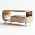 Natural wood veneer television stand with storage drawer and metal accents 120 x 40 x 50cm