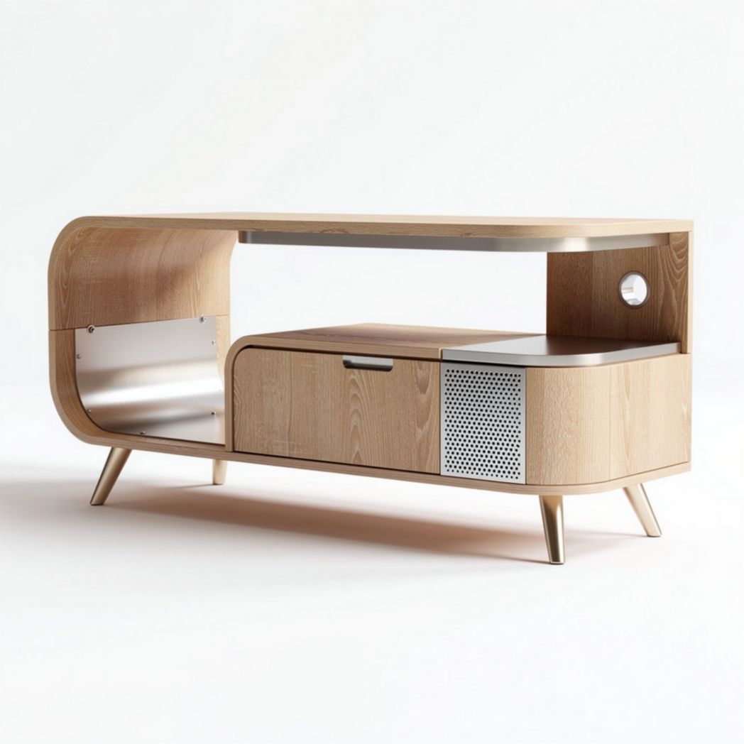 Natural wood veneer television stand with storage drawer and metal accents 120 x 40 x 50cm