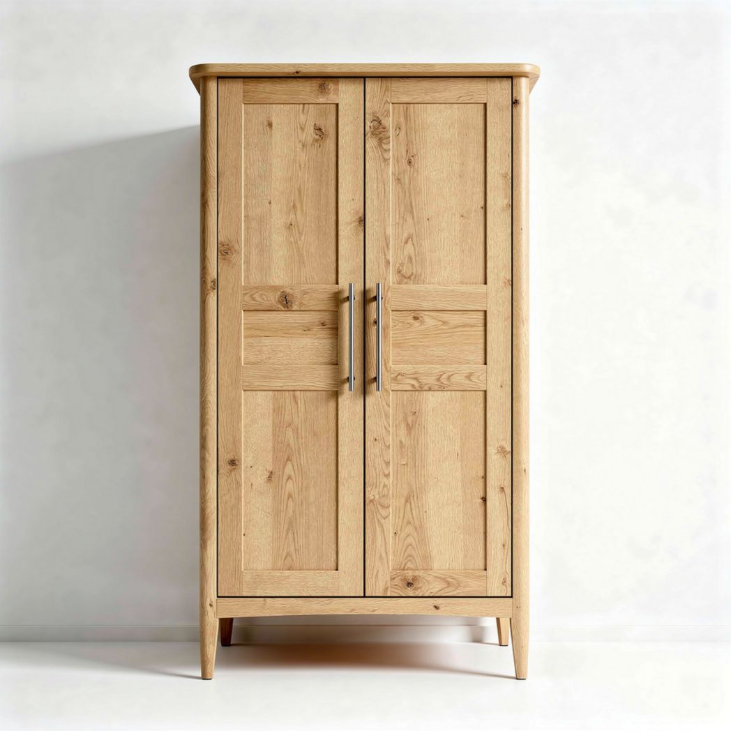 Natural wood wardrobe with double doors and brushed metal handles 80 x 40 x 180cm