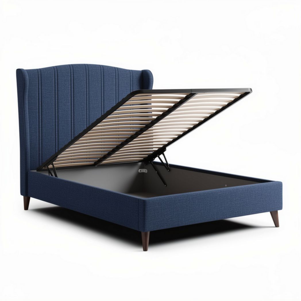 Upholstered storage bed with lift-up frame in navy blue 210 x 160 x 100cm