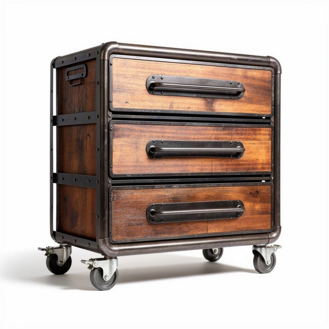 Rolling industrial style storage cart with three wooden drawers 60 x 40 x 70cm