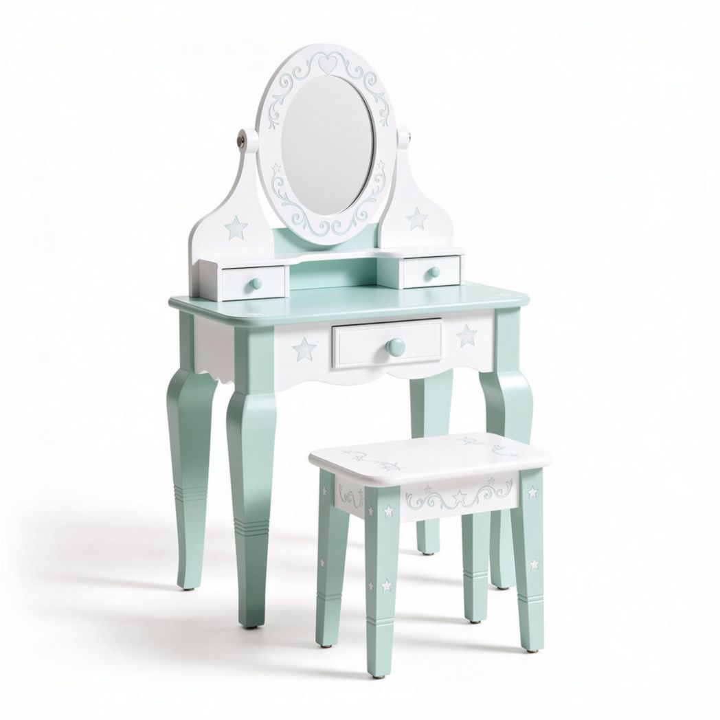 Kids wooden vanity set with mirror and stool in green and white 60 x 40 x 120cm