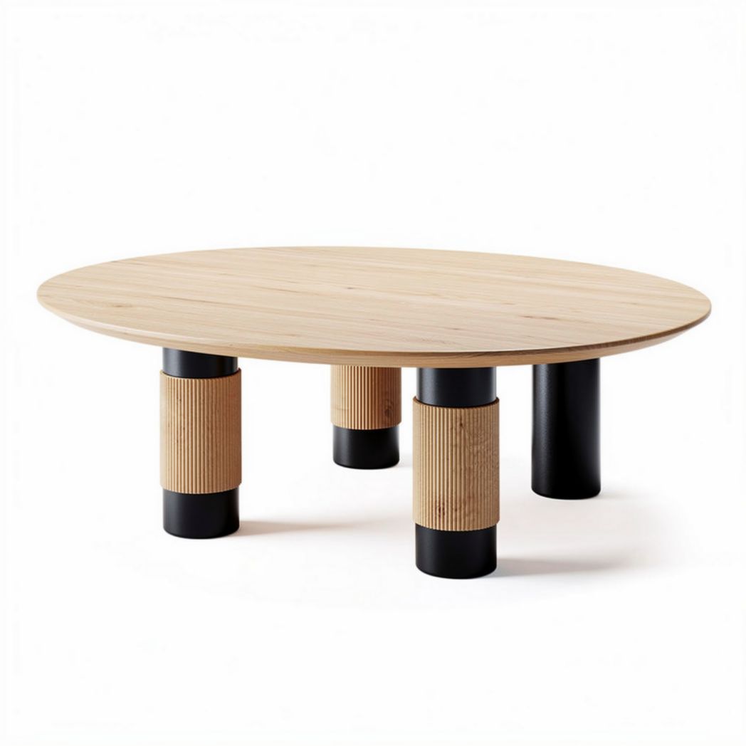 Oval coffee table with wooden top and ribbed metal legs 100 x 60 x 40cm